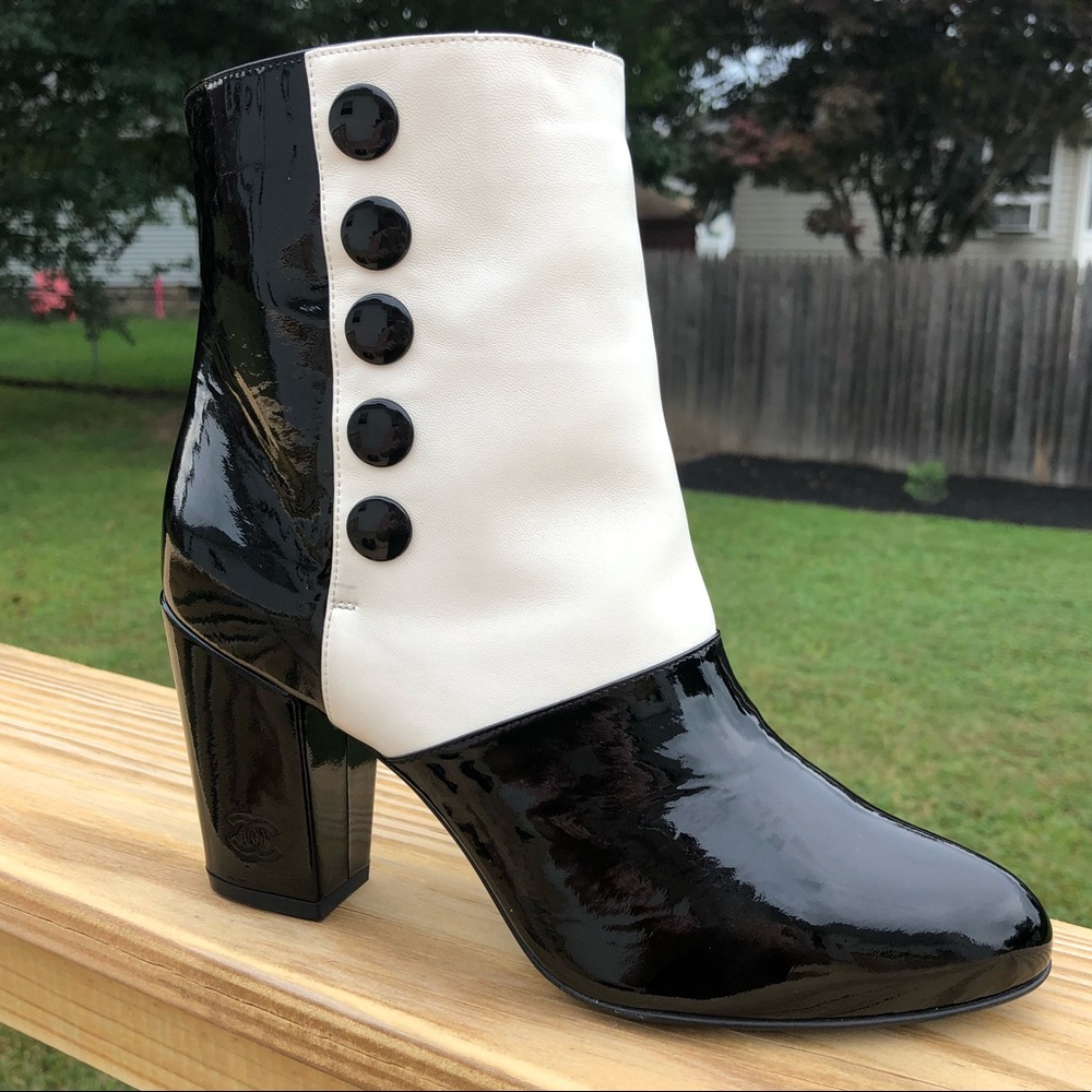 Chanel Black/White Patent Leather Short Boots